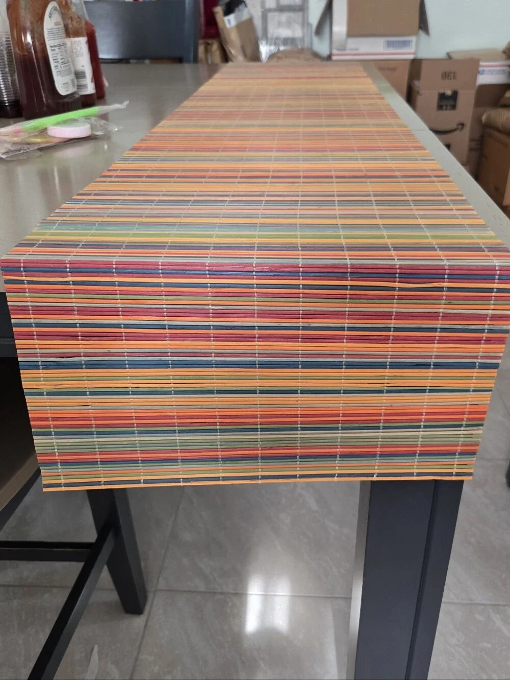 Vintage Multicolor Bamboo Reed Table Runner 13x70 Woven Roll Up Boho Tiki, EUC